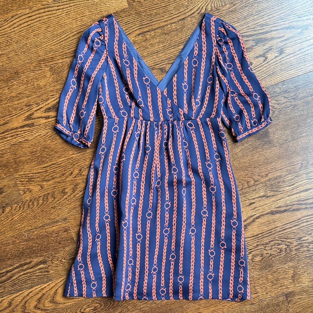 Shoshanna Navy and Coral Chain-Print Double V-Neck Silk Mini Dress